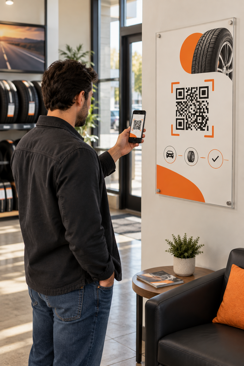 Customer scanning a Ruvo QR poster on a tire shop wall